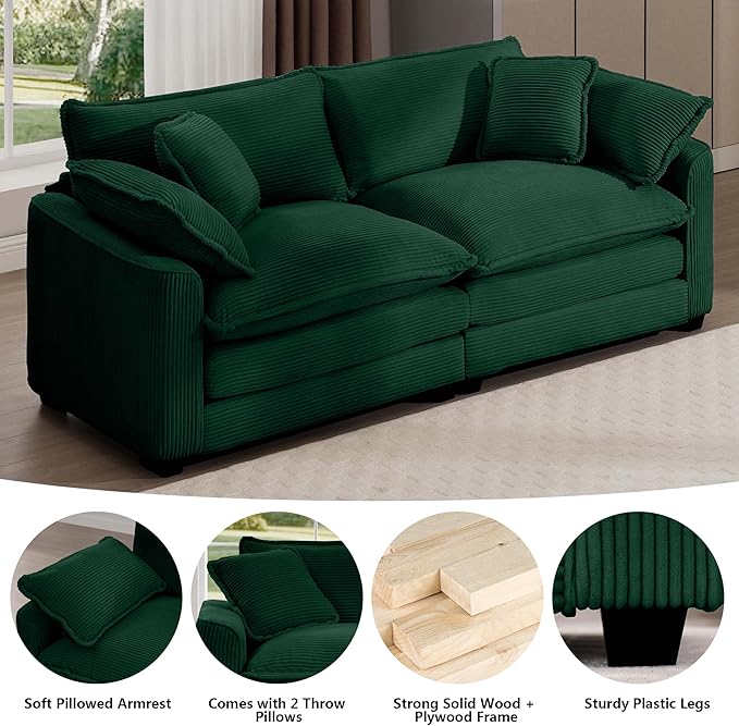 Aoowow Corduroy Loveseat Couch,Modern 2 Seater Cloud Couches for Living Room,Modular Sectional Cloud Sofas with Deep Seat,Large Love Seat for Small Spaces,Apartment,Office. (Green, 2 Seater)