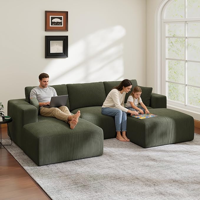 110" Modular Sectional Sofa, Cloud Couch U Shaped Memory Foam Boneless Couch with Ottoman, 3 Seater Cozy Upholstered Corduroy Floor Couch, No Assembly Required Living Room Furniture Home Decor, Green