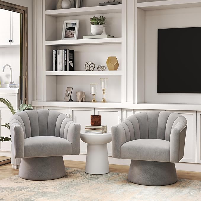 Swivel Accent Chair Set of 2, Upholstered Velvet 360° Swivel Barrel Chair for Living Room Overstuffed Bouncle Reading Chair Round Armchair for Bedroom,Vanity,Office (Grey)