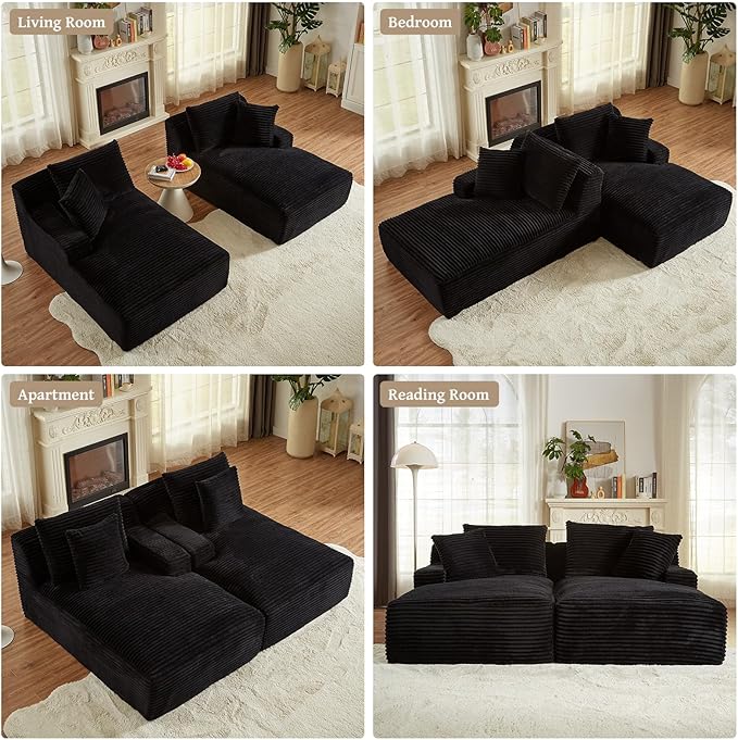 VEPXXP 80" Double Chaise Lounge Chair Indoor, Oversized Boneless Couch Comfy Upholstered Sleeper Sofa Bed with 4 Pillows, Corduroy Cloud Loveseat Chair for Living Room No Assembly Required, Black