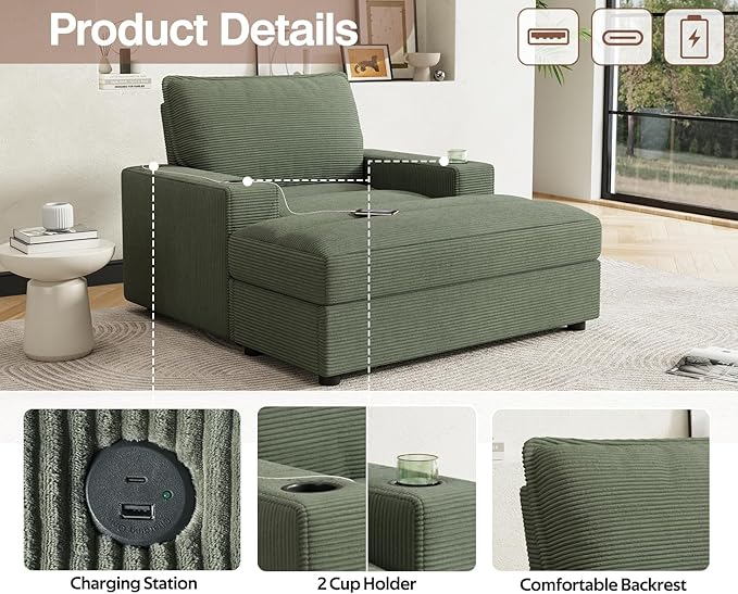 Merax 42.8" Oversized Chaise Lounge Chair with Storage Ottoman,Corduroy Sofa Bed with Cup Holders,USB Charging Port,Upholstered Sleeper Chair,Deep - Seat Reading Couch for Living Room,Bedroom,Green