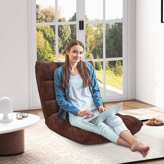 Floor Chair with Back Support, Foldling Gaming Sofa Chair with Comfy Cushion, Adjustable 14-Position Meditation Chairs, Lazy Lounge Recliner Reading Seat for Adults, Kids (Brown)