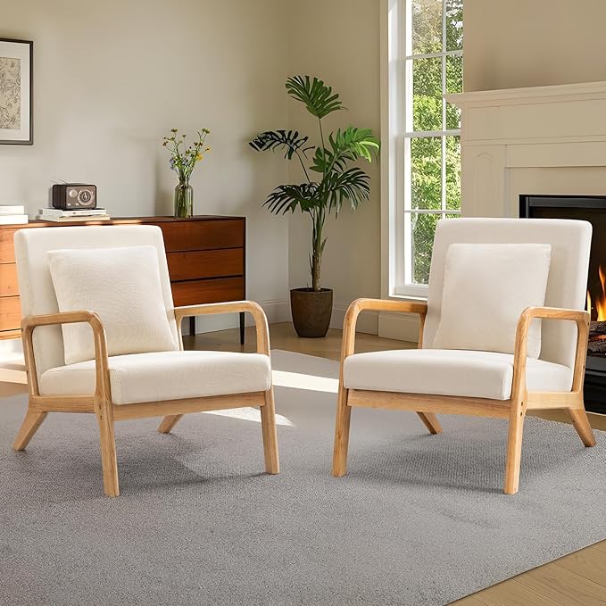 ELUCHANG Mid-Century Modern Accent Chair with Lumbar Pillow, Linen Fabric Comfy Lounge Side Upholstered Reading Armchair for Living Room Bedroom Apartment,Easy Assembly(Beige,2pcs)