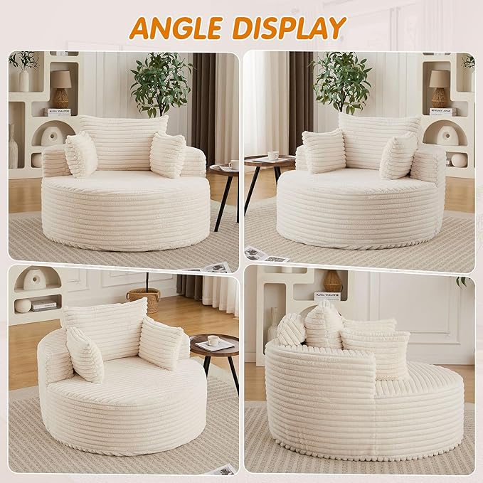 50"W Oversized Round Chaise Lounge Chair Indoor, Upholstered Corduroy Deep Seat Cloud Circle Sofa Chair, Modern Fluffy Comfy Floor Reading Armchair for Living Room, Bedroom, No Assembly Required,Beige