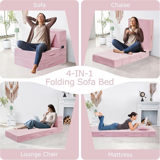 HILERO Folding Sofa Bed, 4 in 1 Convertible Sleeper Chair with Pillow, Single Memory Foam Fold Out Chair Bed, Modern Floor Futon Sofa Couch Mattress for Living Room/Guest/Apartment, Pink