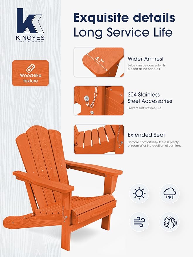 KINGYES Folding Adirondack Chair Set of 6, HDPE All-Weather Folding Adirondack Chair, Orange