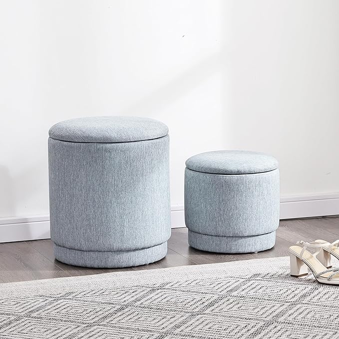Homebeez Set of 2 Round Ottomans with Storage, Linen Cotton Stool for Living Room Bedroom, Multifunctional Footrest, Coffee Table, Vanity Seat, 300 lbs Capacity, Light Blue