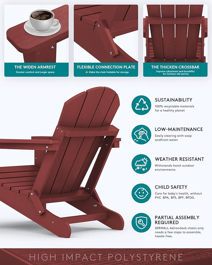 SERWALL Foldable Adirondack Chair Set of 4 for Patio Garden Outdoors Fire Pit Chairs- Red