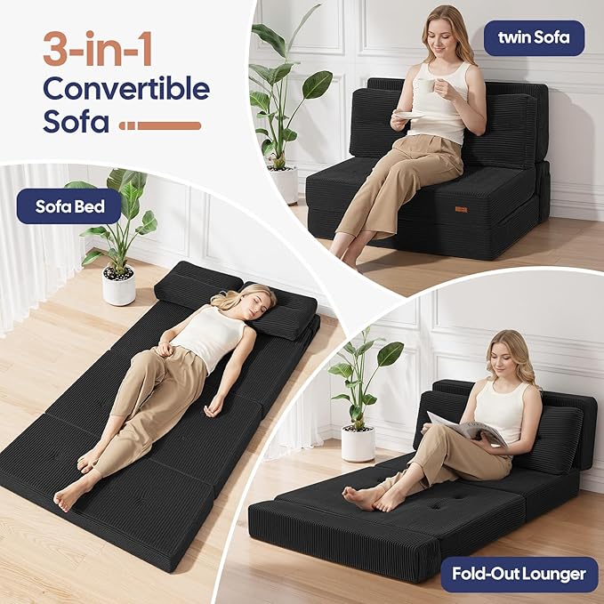 COMAX Folding Sofa Bed, Foldable Couch for Bedroom, Convertible Floor Sleeper Futon Chair Foam, Corduroy 3 in 1 Fold Out Chair Portable Comfy Lounge Couch Sofa Bed for Small Space, Twin, Black