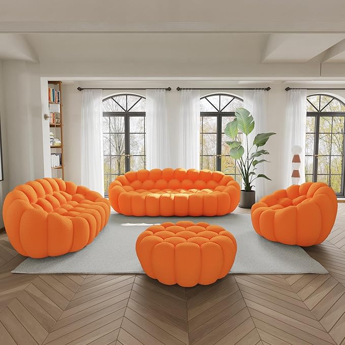 WJShome Modular Sectional Sofa,Bubble Couch Set,1 Seater+ LoveSofa+ 3 Seater+Ottoman,Modern Upholstered Bean Bag Sofa Couch Mesh Fabric Lazy Floor Chair Living Roon Sets (Orange, 98.43"+79"+48"+42")