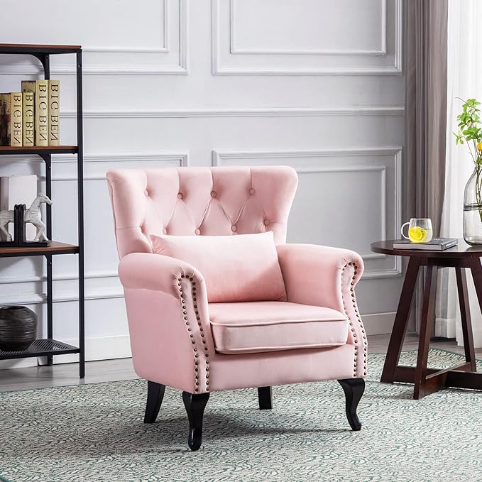 LZAREAL Accent Reading Arm Chairs for Living Room Bedroom, Midcentury Modern Comfy Corner Sofa Chair, Wingback Waiting Room Club Chair with Button Tufted Back &Lumbar Pillow, Velvet Pink