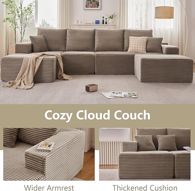 Lakifun 135" L-Shape Sofa with Ottoman, Modern Modular Sectional Comfy U-Shape Cloud Couch, Deep Seat, Upholstered Corduroy Sleeper Chaise Longue for Living Room Bedroom, No Assembly Required, Camel
