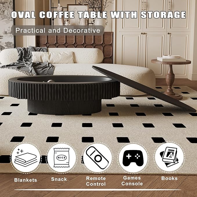 FGXJY Oval Coffee Table with Storage, Modern Black Coffee Table with Solid Wood Veneered, Fluted Center Table Wood Drum Tea Table for Living Room Apartment, 47.2''L×23.6''W×14.2''H