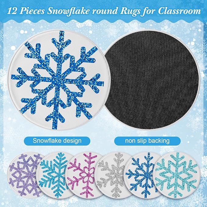 Capoda 12 Pieces Snowflake Carpet Circle Seats - 15.57 Inch Round Floor Mats for Winter Woodland Preschool Kindergarten Elementary Daycare Playroom Reading Room Nursery Bedroom Classroom Seating Rugs