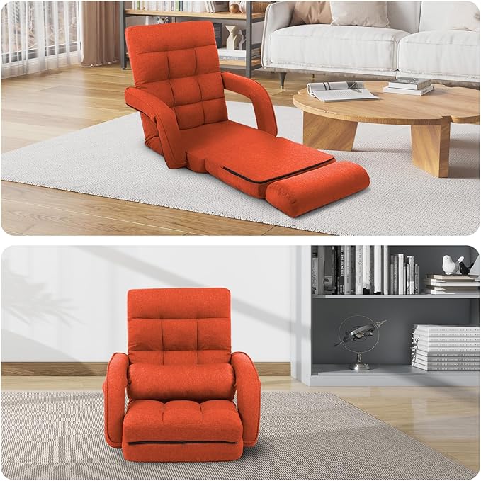 Indoor Floor Chair with Armrest and Pillow Folding Chaise Lounge Sofa 14-Position Adjustable Comfy Gaming Recliner Chair Padded Seats for Adults (Orange)