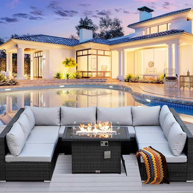RADIATA 9 Piece Wicker Patio Furniture Set with Fire Pit, All-Weather Outdoor Sectional Couch High Back Large Size, Modular Backyard Seating Sofa Set with Propane/Natural Gas Firepit Table, Light Grey
