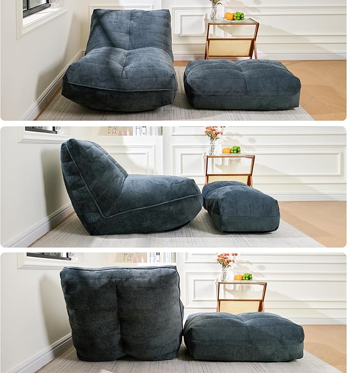 Cvortll Bean Bag Chair with Ottoman, Comfy Bean Bag Sofa with Memory Foam, Lazy BeanBag Sofa with Footstool, Fireside Bean Bag Couch for Living Room, Bedroom, Apartment (Blue Gray)