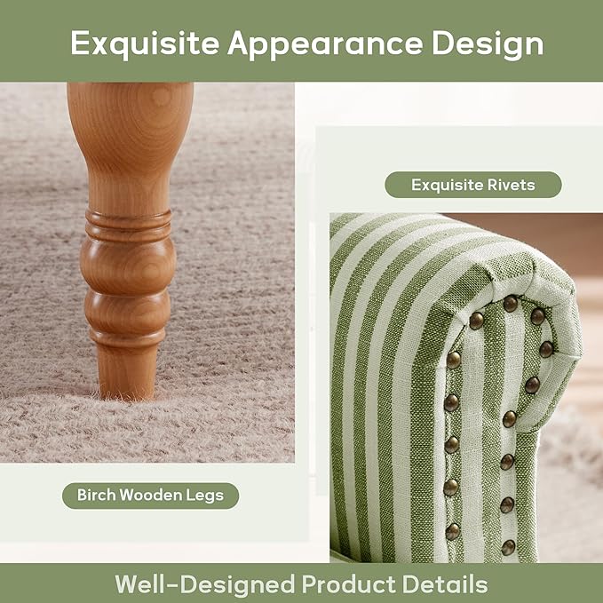 HUIMO Linen Fabric Accent Chair, Mid-Century Modern Armchair with Solid Wood Legs, Single Sofa Chair,Upholstered Reading Club Chair (2, Green and White Stripe)