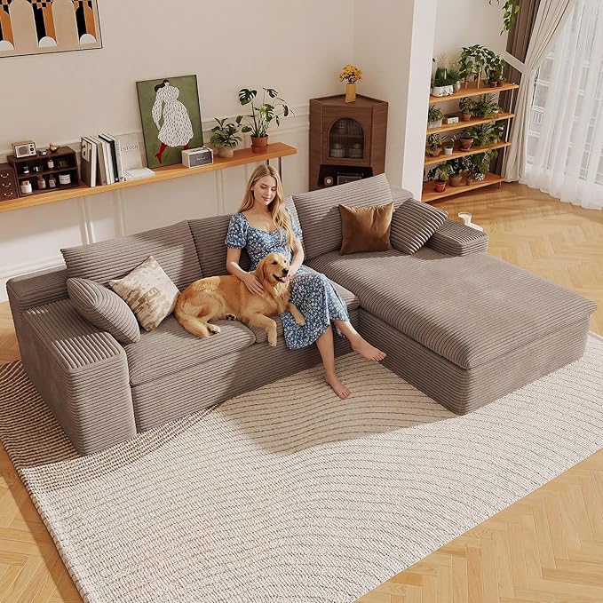107" Cloud Sectional Couch with L-Shape Chaise,Corduroy Viral Boneless Sofa for Living Room,Modern Memory Foam Couches in a Box with Deep Seat,No Assembly Required (Camel,Right-Facing Chaise)