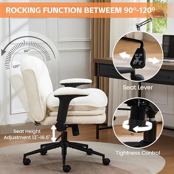 Criss Cross Chair with Flip-up Arms, Wide Criss Legged Chair with 3 Layer Cushion, Ergonomic Office Desk Chair with Wheels, Swivel Vanity Chair for Office, Living Room, Bedroom, Boucle White