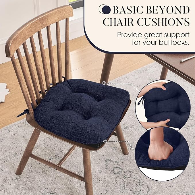 Basic Beyond Chair Cushions for Dining Chairs 4 Pack, Chair Cushion with Ties and Non Slip Backing, 15.5 x 15.5 inches Tufted Kitchen Chair Pads for Dining Chairs(Navy)