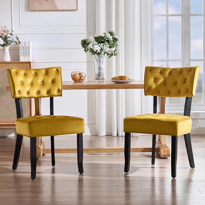 UVV Upholstered Dining Chairs Set of 2, Mid Century Modern Tufted Kitchen Chairs Dining Room Chairs, Velvet Dinner Chair with Wood Legs for Dining Room Kitchen, Turmeric-Black Legs