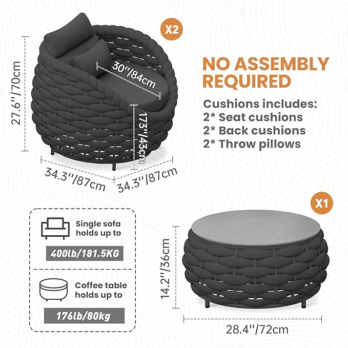 Erotr Deck Furniture Set: 3 Pieces Aluminum Woven Rope Patio Conversation Sofa Set for 2, Comfy Cushions Couch Armchair Table Set Assembled, 400lbs for Porch Balcony Pool Bistro Yard Hotel - Dark Gray