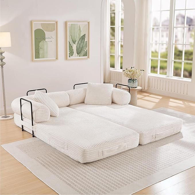 Modular Couch Bed, Convertible Folding Plush Corduroy Comfy Floor Memory Foam Compression Loveseat Sleeper Sofa Couch, King Size Bed for Guest Room Living Room Bedroom, No Assembly Required, Beige