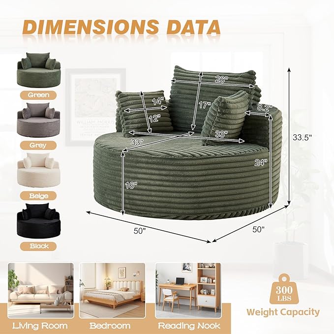 50"W Oversized Round Chaise Lounge Chair Indoor, Upholstered Corduroy Deep Seat Cloud Circle Sofa Chair, Modern Fluffy Comfy Floor Reading Armchair for Living Room, Bedroom, No Assembly Required,Green