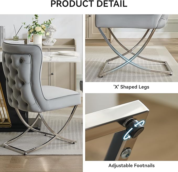 WUTUTUEE Luxury Velvet Dining Chairs, Tufted Upholstered Armless Accent Chairs with Silver Metal X-Legs, Modern Glam Dining Room Chair Set of 4, Light Grey