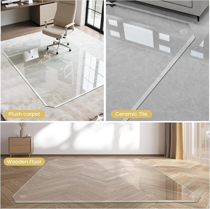 Tempered Glass Chair Mat with Beveled Edge, 46"x36" Heavy Duty Glass Office Floor Mat for Carpets and Hard Floors, with Non-Slip Pads, Easy to Slide, Thick 1/5", Pat No.30004842