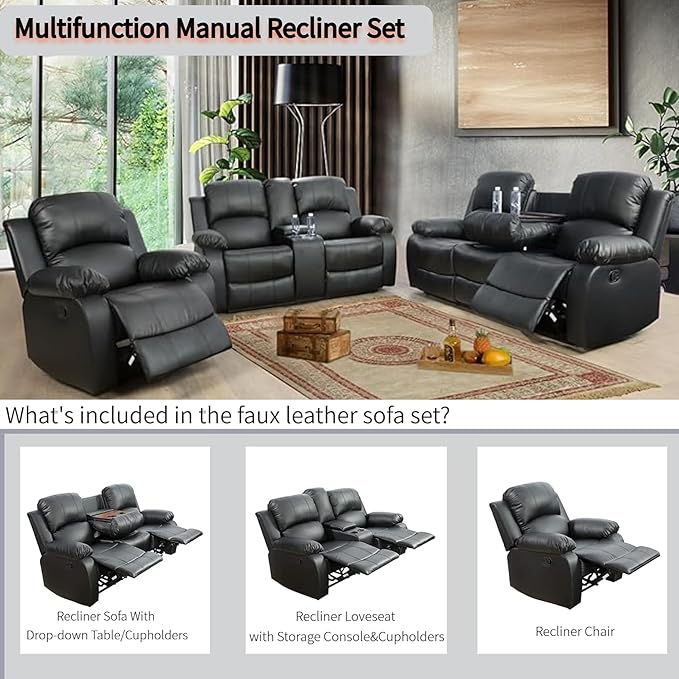 Manual Reclining Sofa Set with Drop-Down Table, Corduroy Sofa Sets, Living Room Furniture Sets, Modern Manual Recliner Sofa Sets with Storage Console for Living Room (Black, Sofa+Loveseat+Chair)