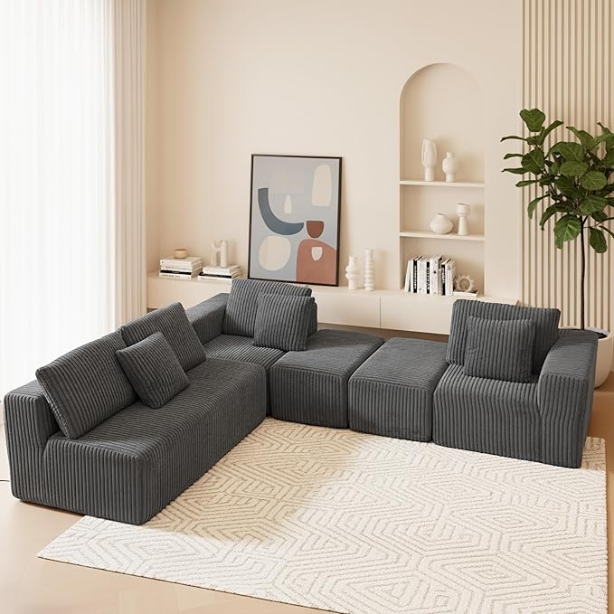 132" U Shaped Modular Sofa, 4-Seater Sectional Cloud Couch with Chaise, Soft Corduroy Boneless for Living Room, No Assembly Required, Free Configuration,Grey