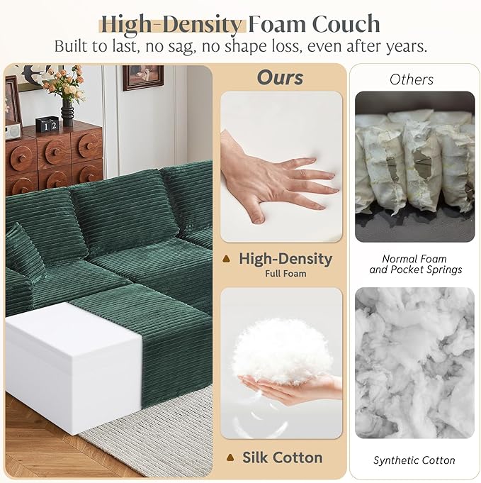 MODNEST 108" Modular Sectional Sofa Cloud Couch with Deep Seats, L Shape Couch with Chaise and Movable Ottoman, Sectional Couches for Living Room, Comfy Boneless Couches No Assembly Required, Green