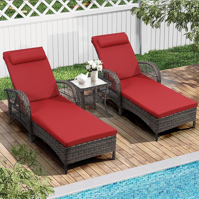 WINGTU 3 Piece Patio Chaise Lounge Set, Outdoor Patio Furniture Modern Lounge Chairs Set of 2 with Side Table & 6-Position Adjustable Backrest, Durable PE Wicker, Weather Resistant Cushions, Red