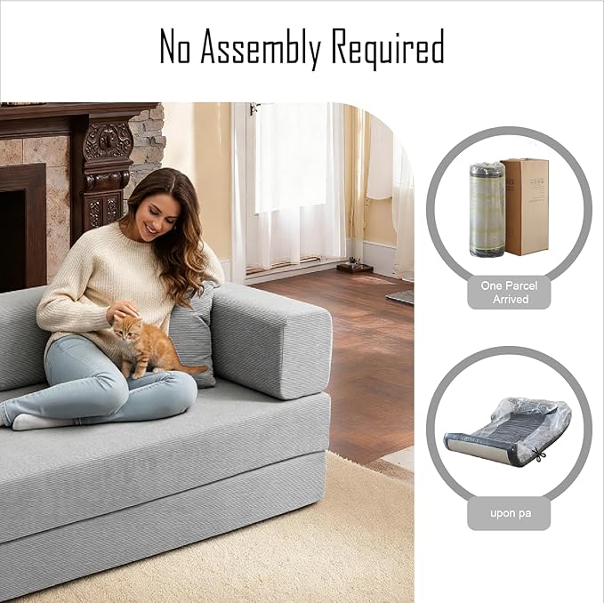 79 Inch Convertible Sofa Bed Couch in Box, 5 in 1 Folding Modular Boneless Couch with Pull Out Bed 2 Pillows, Soft Corduroy Floor Futon Lounge Loveseat Sleeper Lazy Cama No Assembly Light Grey