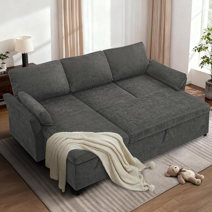 ACMEASE 83 Inches Fabric Sectional Sofa with Pull Out Sofa Bed, Modern L Shaped Sofa with Throw Pillows, Comfortable Sleeper Couch with Storage Chaise for Living Room, Grey