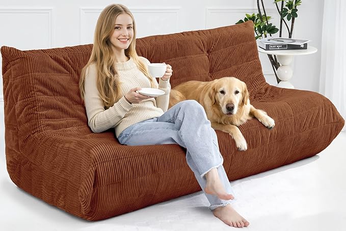 Bean Bag Chair,Giant Beanbag Chairs for Adults,Comfy Large Fireside Chair Lazy Sofa,Corduroy Bean Bag Lounger with Memory Foam Filled,Floor Sofa Couch for Home,Living Room (Brown, 3-Seater)