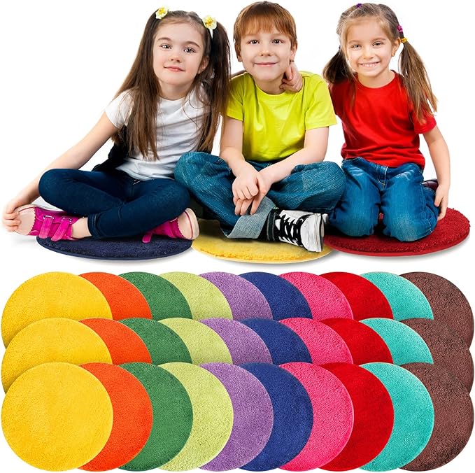 Funtery 30 Pieces Kids Carpet Circle Seats Bulk 18 Inch Classroom Children's Mats Multi Color Rug Mats Round Soft Warm Floor Cushions for Library School Story Time Group Activity Play Areas