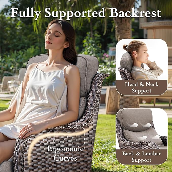 moosprr Luxury High Back Outdoor Furniture with 6-inch Extra Thick Cushions, Patio Furniture Set with Swivel Chairs, 8 PCS Wicker Conversation Set for Yard, Deck, Poolside, Brown/Grey