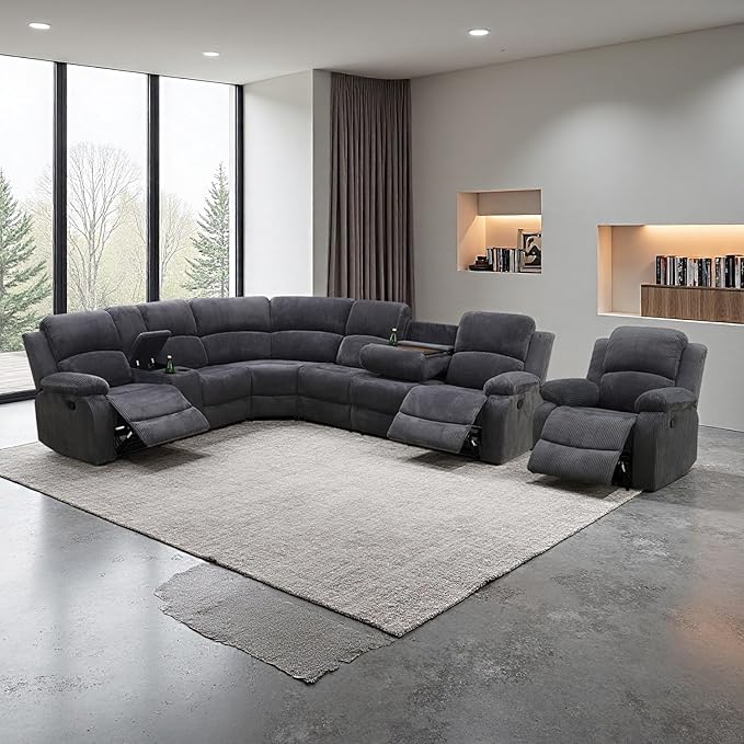 SIENWIEY Manual Recliner Sectional Sofa for Living Room,L Shaped Reclining Sectional Corner Couch with Chair,Gray Corduroy Recliner Sofa Set with Storage Console/Drop Down Coffee Table/Cup Holders