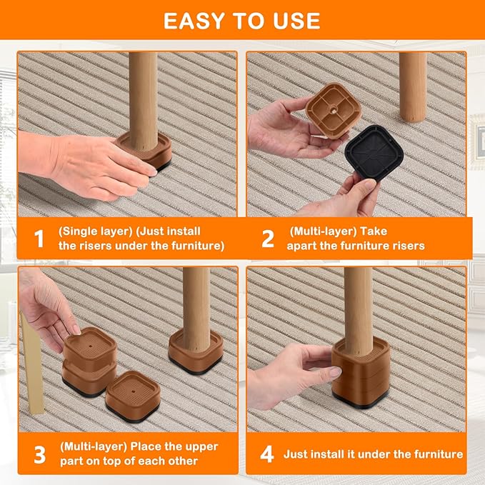 shouwuhho 24 Pack Furniture Risers Adjustable Bed Risers Heavy Duty Lifts Height 1", Square Stackable Bed Risers 1, 2 or 3 Inch for Desk Leg Table Couch Sofa Chair Bed Frame Legs Dorm, Brown