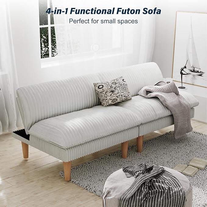 2 Sets 69" Futon Sofa Bed, 4 in 1 Multi-Function Couch Sleeper with Adjustable Backrest, Modern Convertible Futon, Recliner Small Loveseat for Living Room, Plush Beige