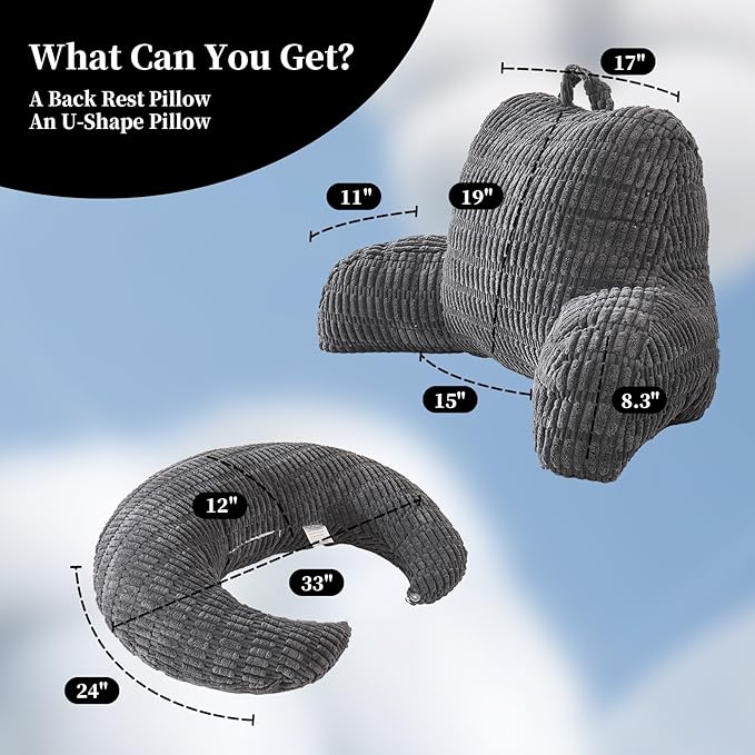 PAJEO Back Pillow for Bed Sitting Up,U Shaped & Back Support Pillow for Bed,17" Backrest with Lumbar & Arm Support,Comfy Corduroy Fabric,Lap Pillow for Gaming/Reading/Watching TV,Gray
