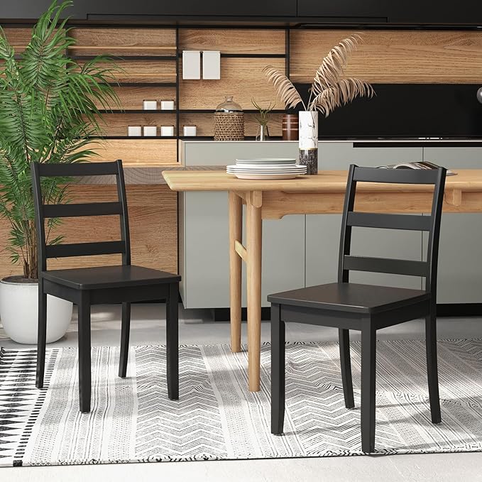 Giantex Wood Dining Chairs Set of 2 Black- Wooden Armless Kitchen Chairs with Solid Rubber Wood Legs, Non-Slip Foot Pads, Max Load 400 Lbs, Farmhouse Style High Ladder Back Wooden Dining Room Chairs