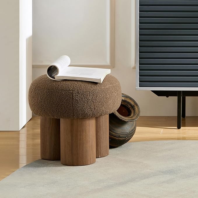 Round Foot Stool, Small Mushroom Ottoman Footstools Modern Pouf Boucle Ottoman, Teddy Foot Rest for Couch Sofa Comfy Floor Footrest Step Stool for Living Room,Bedroom,Desk,Office(Brown)
