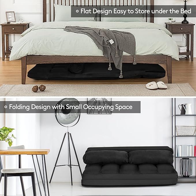 DORTALA Foldable Floor Sofa, 6-Position Adjustable Lounge Couch with 2 Pillows & Suede Cloth Cover, Modern Lounge Mattress Video Gaming Lazy Couch, Suede Floor Seating Sofa, 71" x 44.5", Black