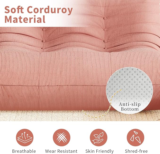 Bean Bag Chair Sofa Fireside 3 Seat Lounger Couch for Adults Corduroy Cozy Lazy Floor Sofa Memory Foam Chair for Home, Apartment and Gaming Venue,Pink