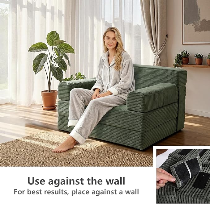 Folding Sofa Bed,Convertible Sofa Bed with Armrest Foldable Sleeper Chair, Portable Folding 4-in-1 Floor Sofa with Convertible Lounge Chair for Living Room,Bedroom,Washable Cover,Green Single