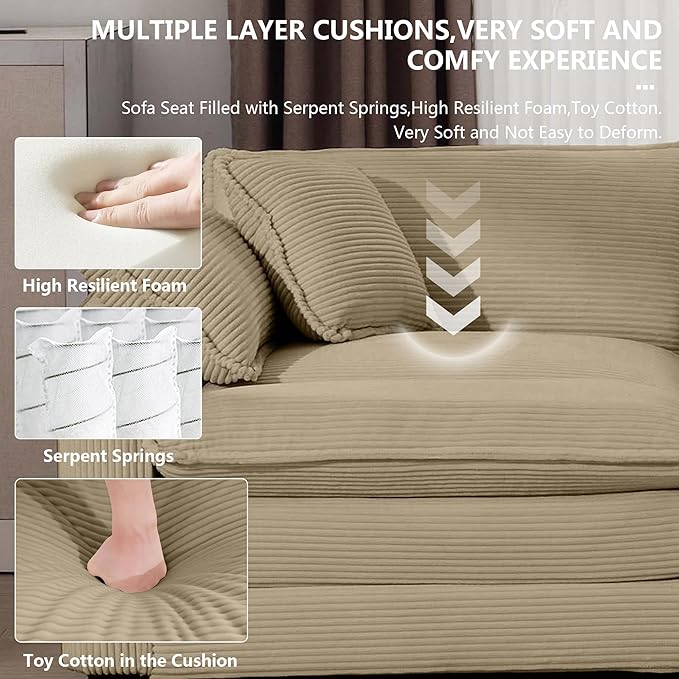 Aoowow Corduroy Loveseat Couch,Modern 2 Seater Cloud Couches for Living Room,Modular Sectional Cloud Sofas with Deep Seat,Large Love Seat for Small Spaces,Apartment,Office. (Tan, 2 Seater)